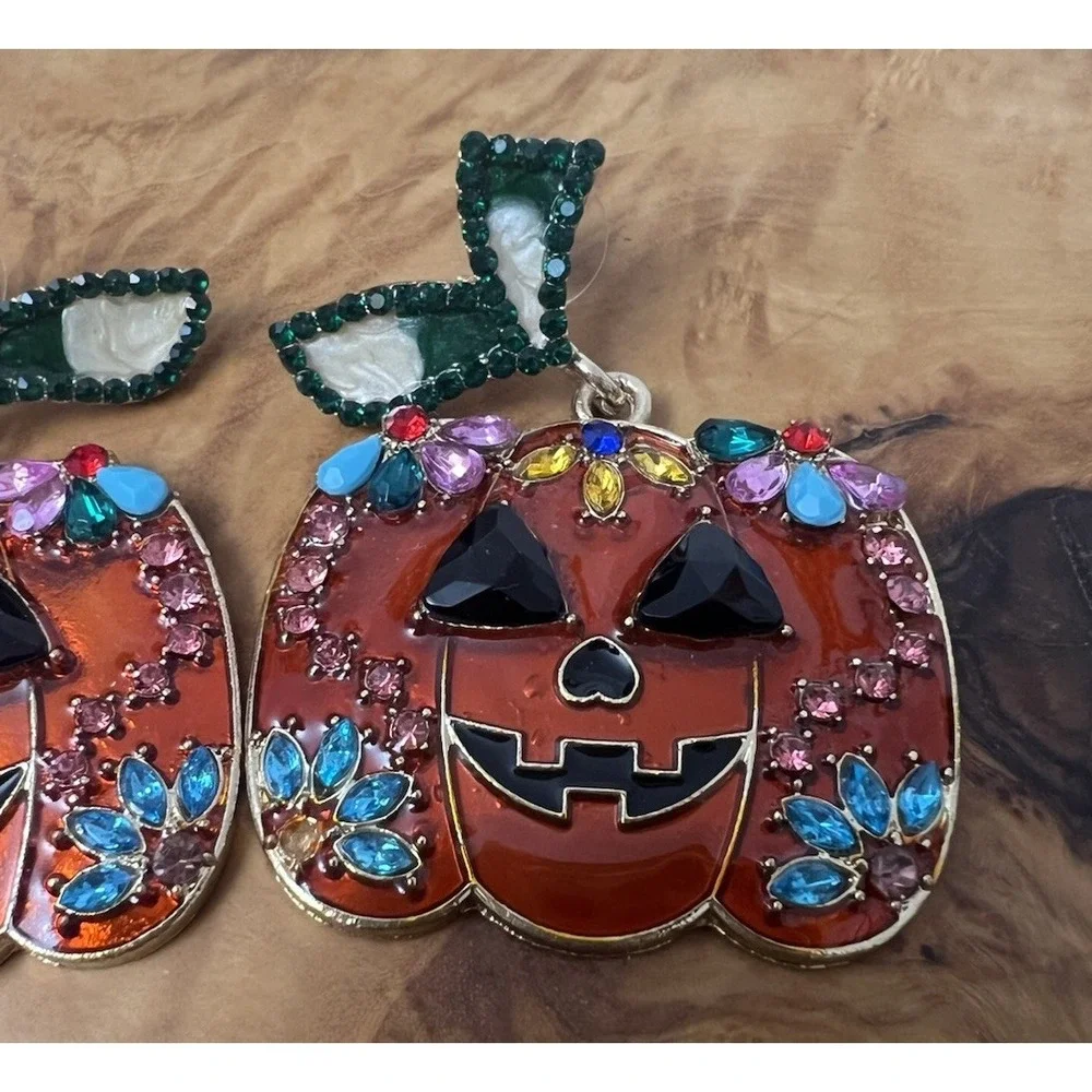 Halloween Rhinestone Pumpkin‎ Dangle Statement Earrings Jack O Lantern